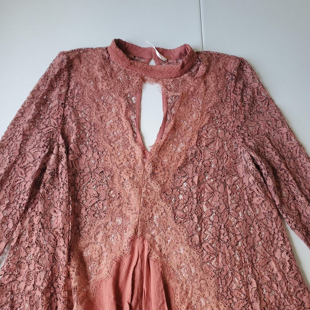 Free People Dress Womens Large Pink Lace Trapeze Mini Bell Sleeve Sheer Boho - Picture 2 of 9